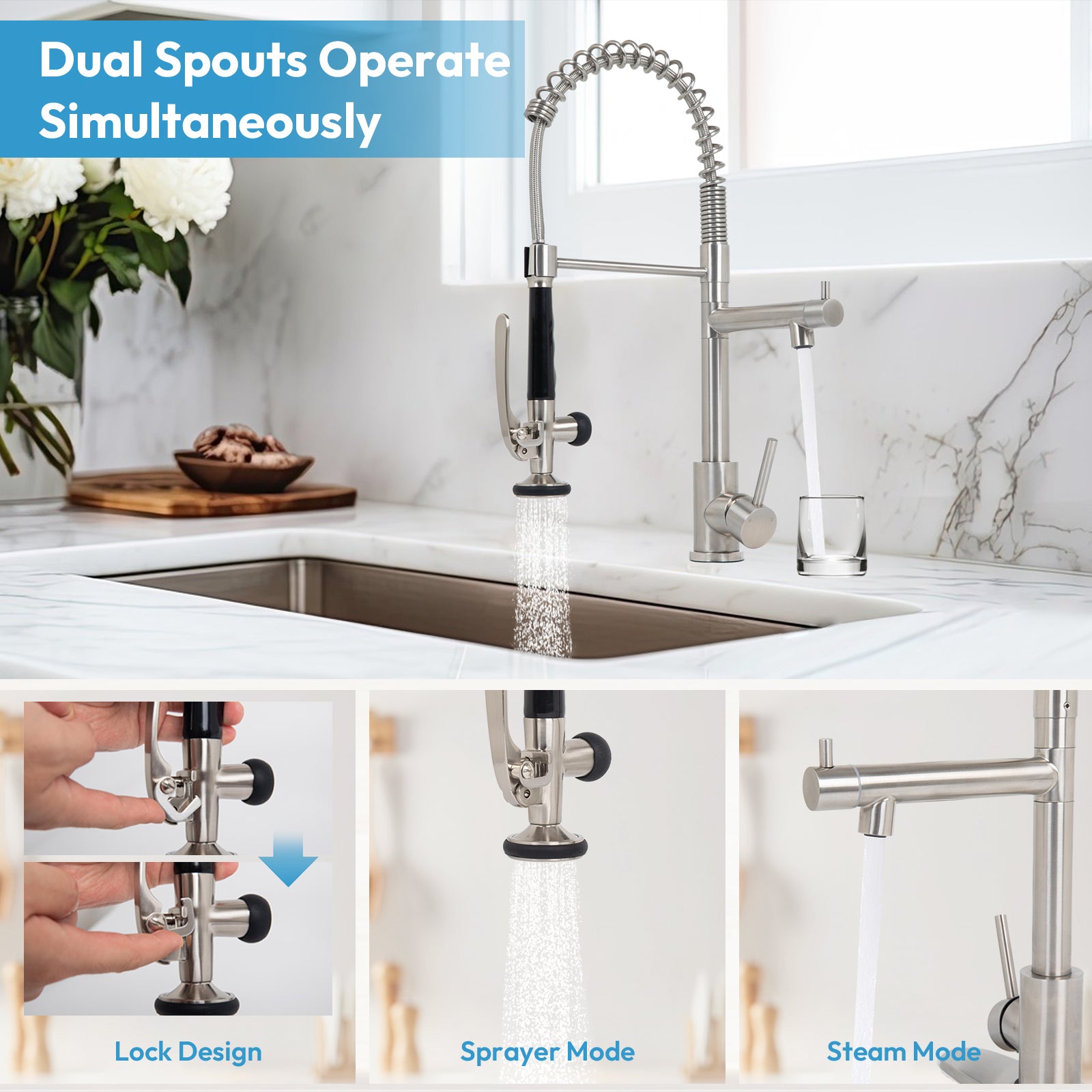 Besdor Commercial Pull Down Kitchen Faucet with Pot Filler Brushed Nickel